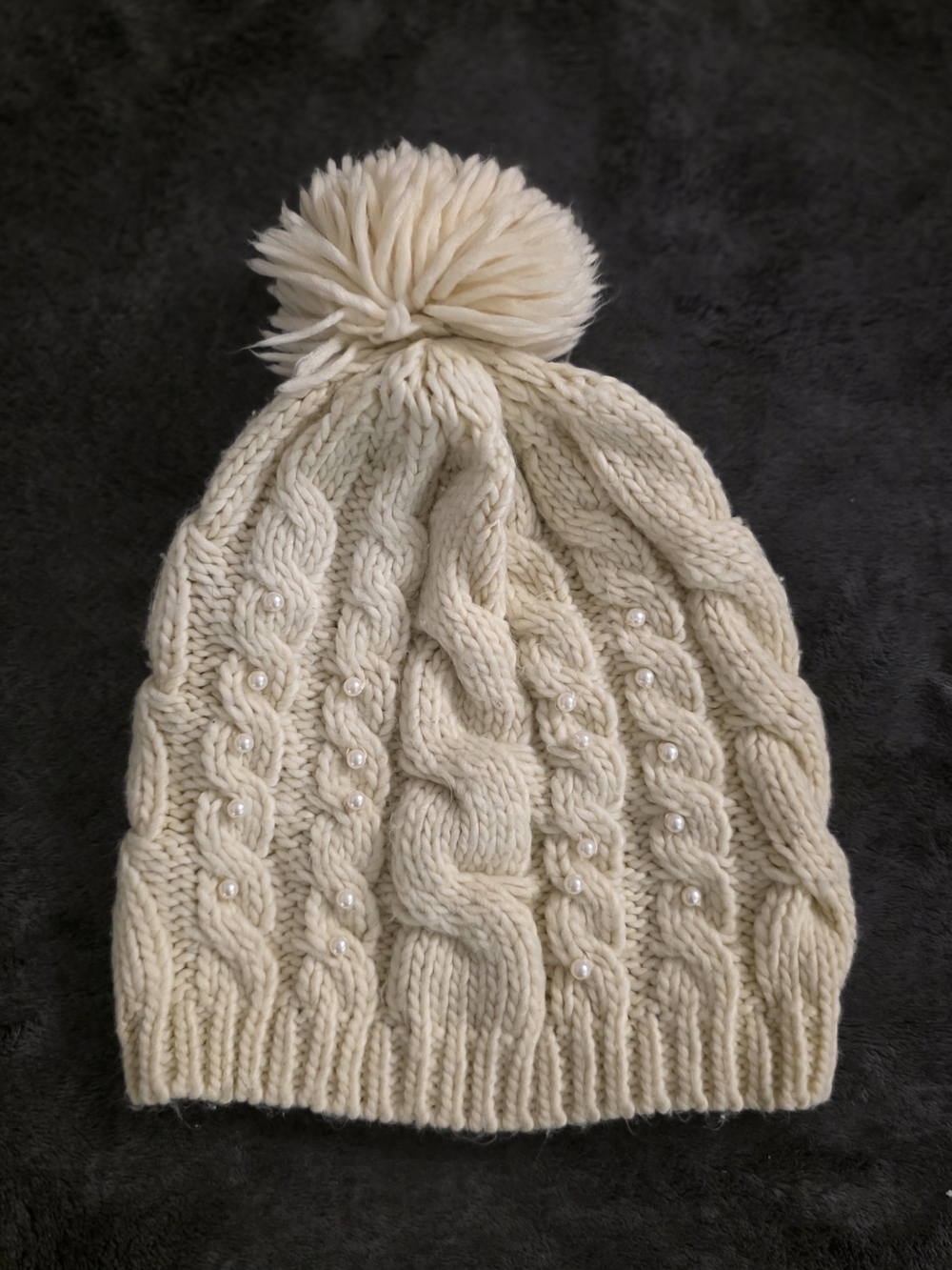 Betsey Johnson Cream Cable Pom Beanie with Pearl Embellishments